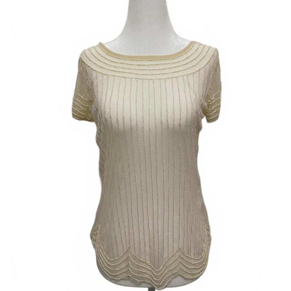 TFNC LONDON Sheer Beaded Blouse in Cream (SMALL)